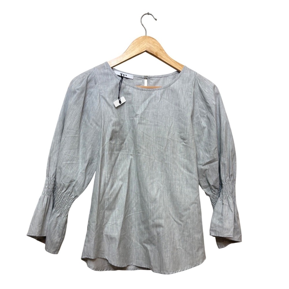 Ro & De Womens Grey Pinstripe Smocked Puff Sleeve Keyhole Back Blouse Top